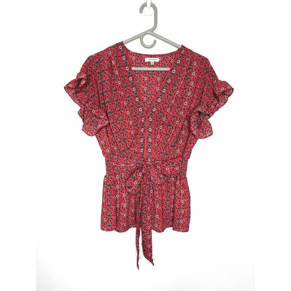 Max Studio V-Neck Flutter Sleeve Top Sz M Ditsy Floral Cottage Prairie Peasant